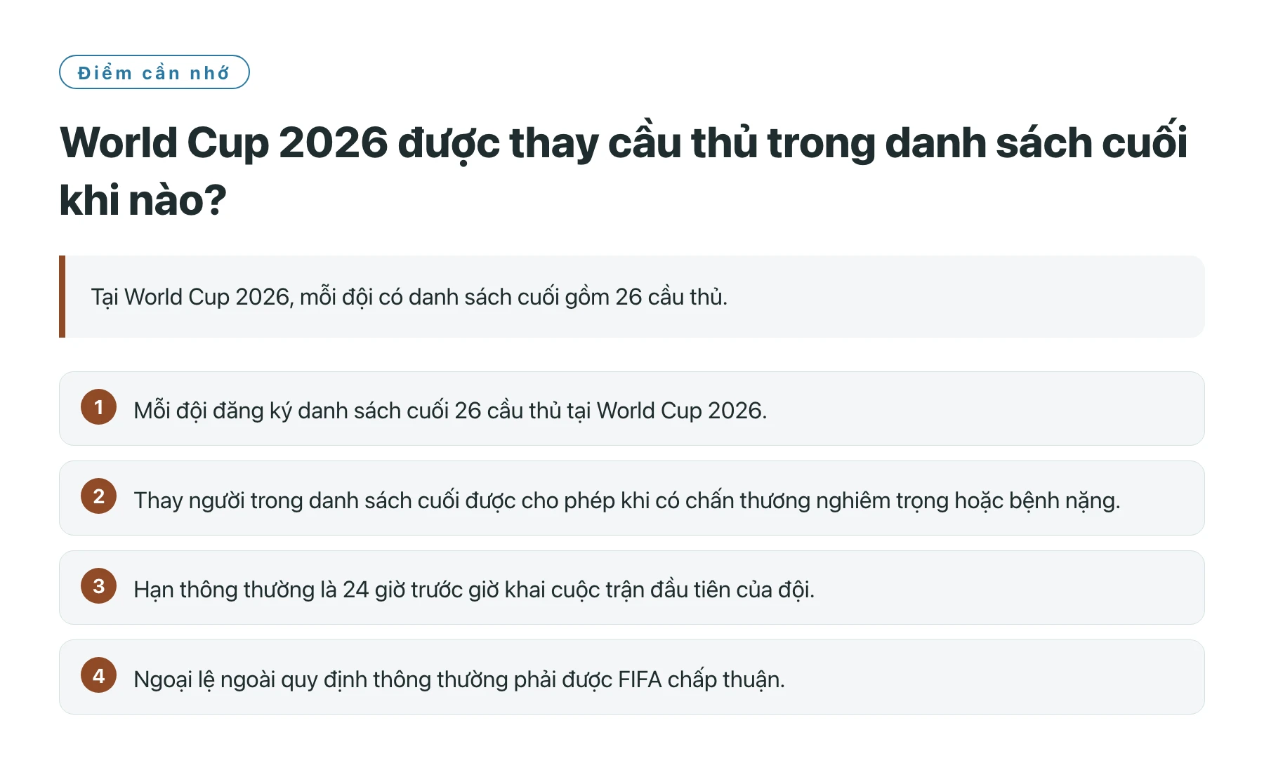 World Cup 2026 được thay cầu thủ trong danh sách cuối khi nào?——全文要点速览